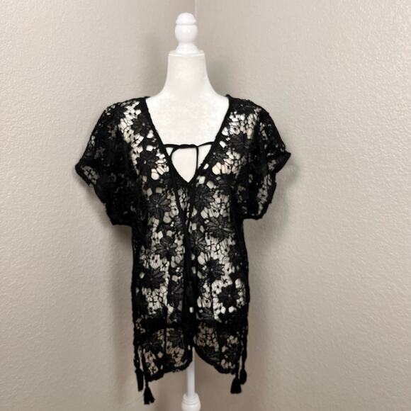 Womens Crochet Top Small Black Whimsygoth Festival Cottage‎ Boho Lace Dainty - Picture 1 of 9